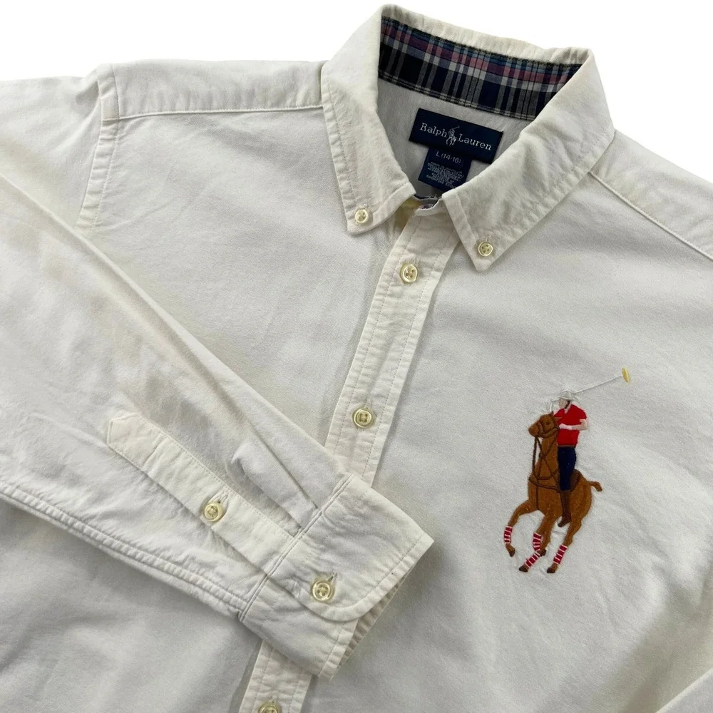 Ralph Lauren Boys White Oxford Big Flesh Pony Button Down Shirt Size L 14-16
